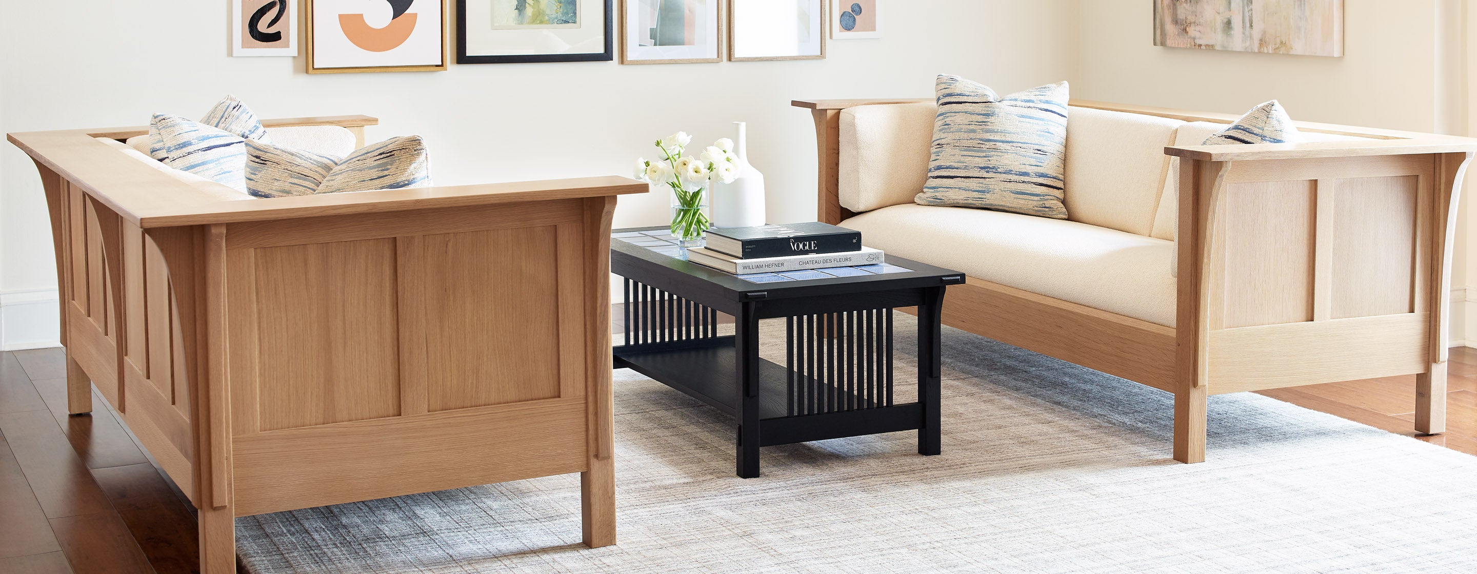 Stickley Furniture Mission collection sofas with dark wood coffee table