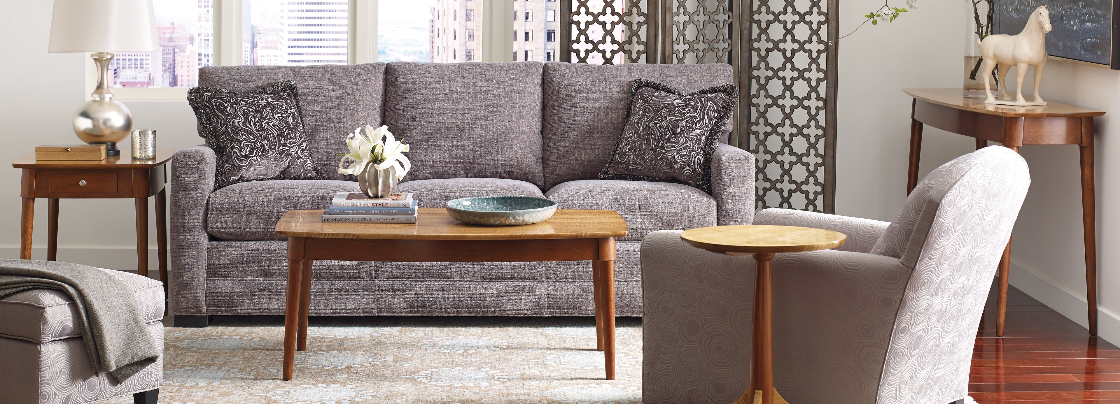 Stickley Nichols & Stone coffee table and end tables with gray couch and chair