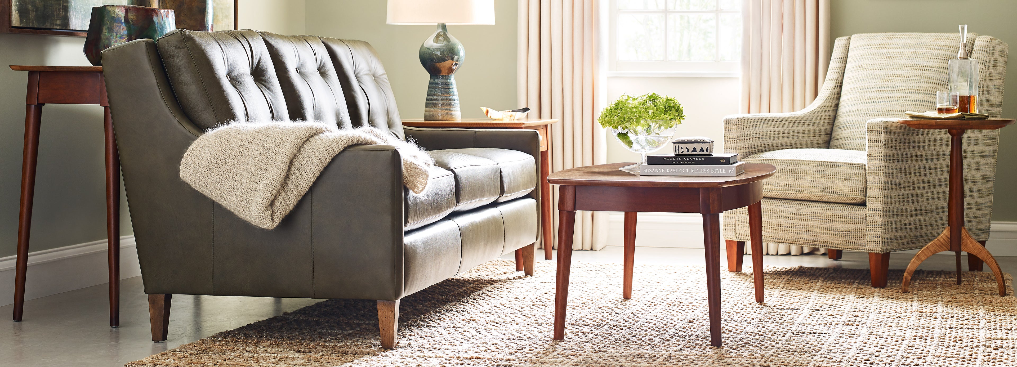 Stickley leather sofa with fabric chair