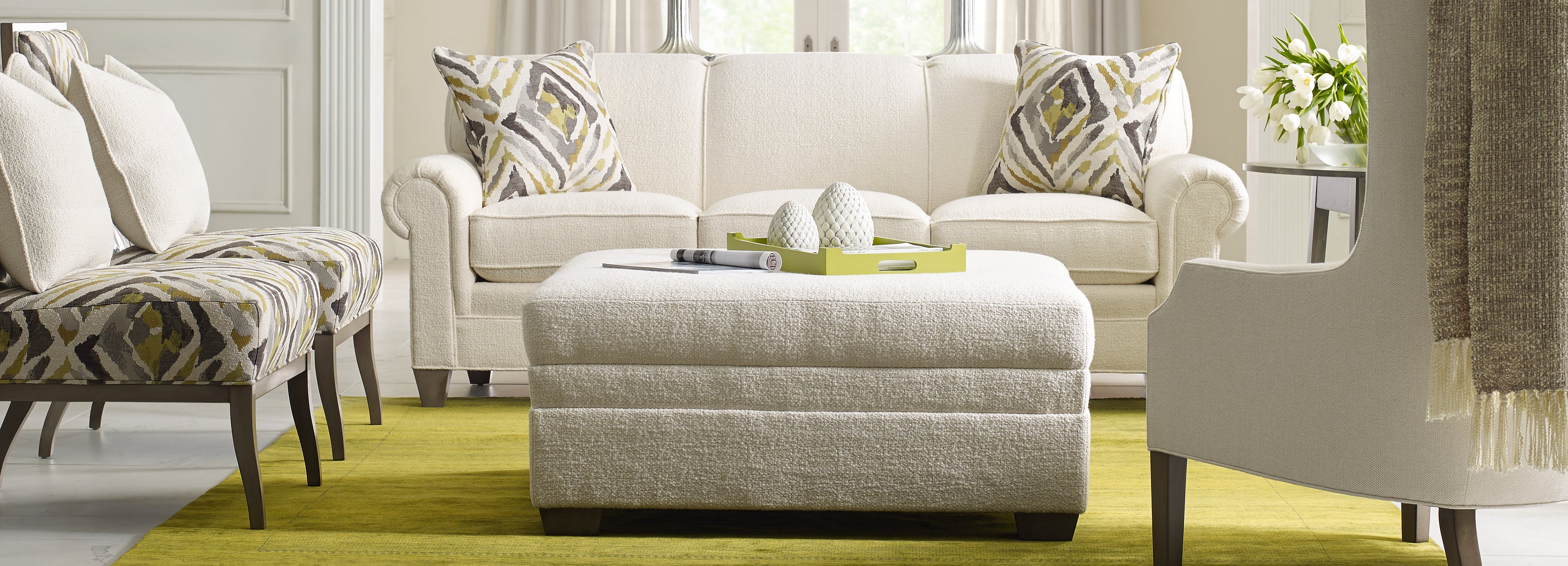 Stickley fabric sofa, ottoman, and chairs