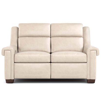 Chester Power Motion Loveseat Sorrento Moonshine Leather Dark Maple Finish