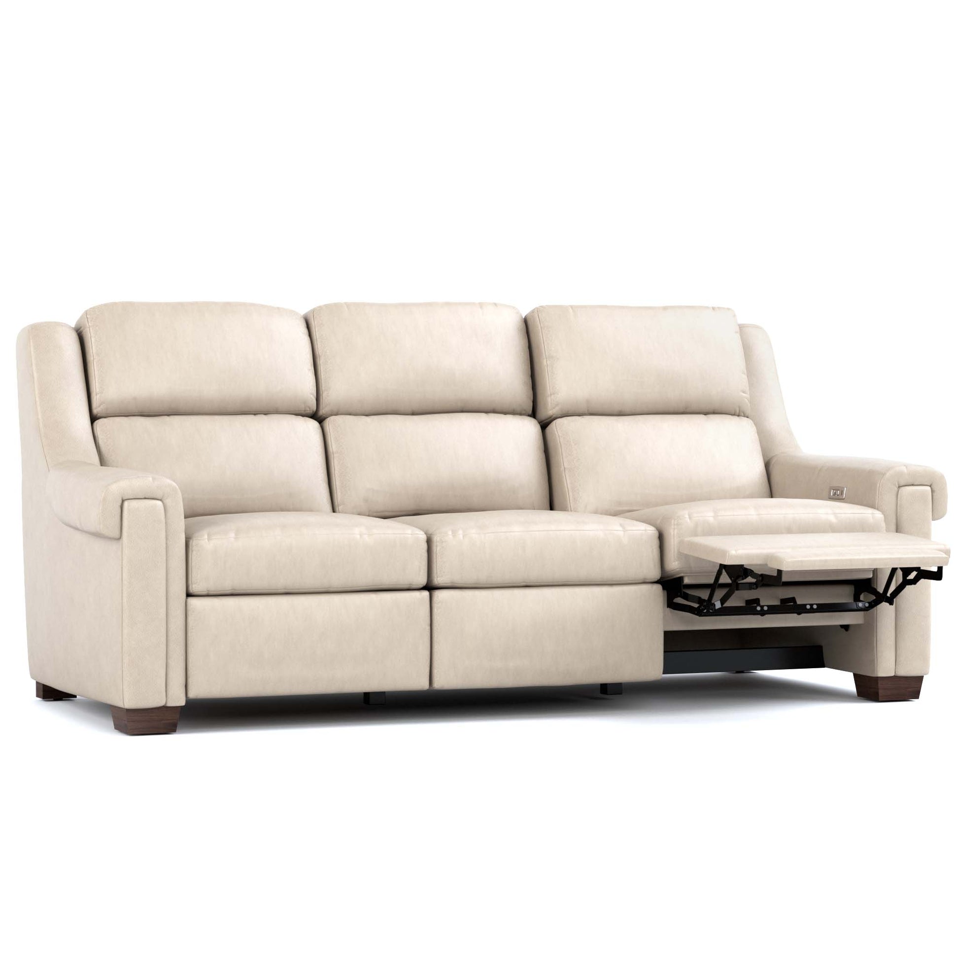 Chester Power Motion Sofa Sorrento Moonshine Leather Dark Maple Finish