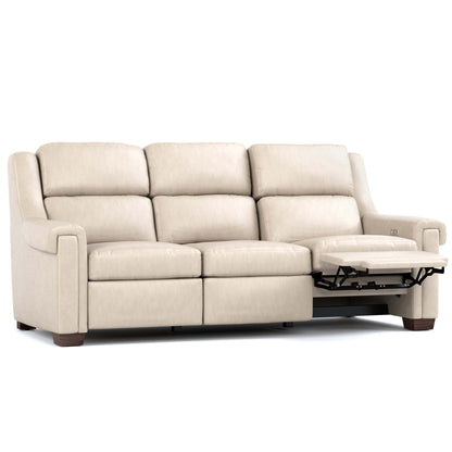 Chester Power Motion Sofa Sorrento Moonshine Leather Dark Maple Finish